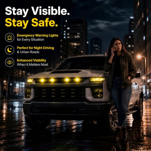 Image of Car Front Grill Set of 4 Pcs Universal Smoked Shell Style DRL Emergency Warning Off-Roading Lights (4 X 4) for All Cars, Vans, SUV, Trucks (Yellow)
