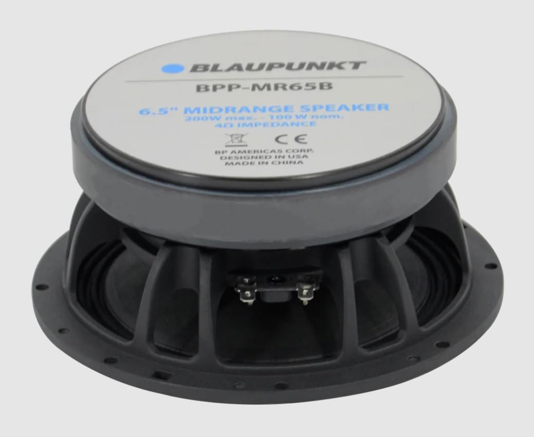Whakamuri view of the BLAUPUNKT BPP-MR65B 6.5-inch midrange speaker showing the magnet and terminals