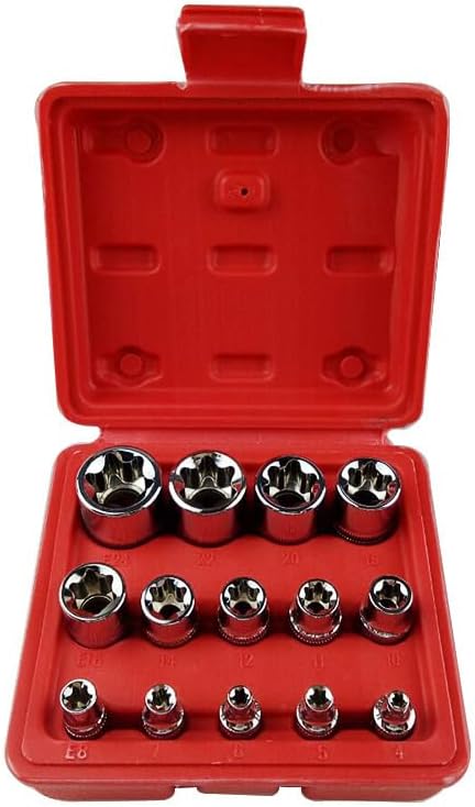 14 Piece Professional E Torx Socket Set with Internal Thread, Chrome Vanadium Steel Sockets | 1/4", 3/8", 1/2" Drive, Corrosion Protected, Black Phosphated, Heavy Duty