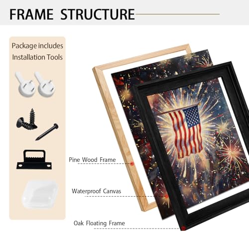 Image of American Flag Framed Canvas Wall Art, 4th of July Red White Blue Canvas Prints, USA Flag with Fireworks Patriotic Decorations, Modern Independence Day Wall Decor for Bedroom Living Room 12x16