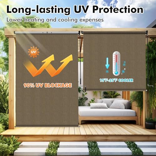 Image of Artpuch Patio Shades Roll Up Outdoor Roller Shade (6'Wx8'H), Cordless Exterior Roller Blinds Cloth for Porch Pergola Gazebo, Walnut