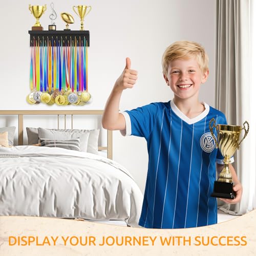 Image of Medal Hanger Display and Trophy Shelf Organizer, Wooden Wall Mount Ribbon Holder with 25 Steel Hooks, Race Awards Storage Rack Stand for Sports Enthusiasts