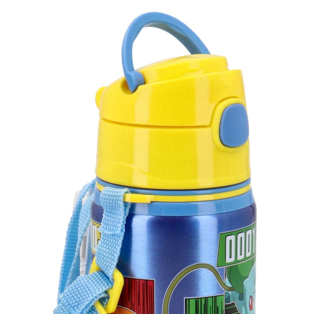 Botella de aluminio con pajita 600 ml botella con apertura automática para niños (Pokémon)