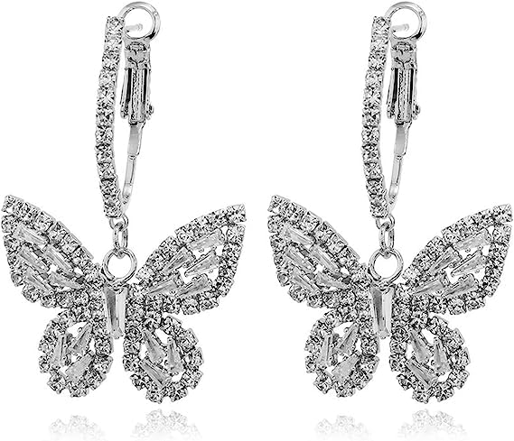 Butterfly Dangling Earrings Crystal Rhinestone CZ Drop Earrings For Women, 14K Gold/White Gold Plated Earrings Hypoallergenic Nickel Free Cute Charms Dangling Earring Dainty Birthday Jewelry Gift