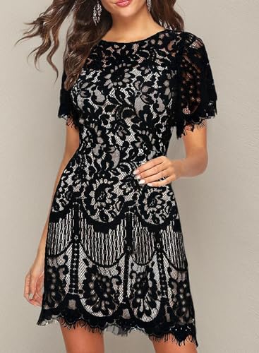 Image of MSLG Women's Elegant Round Neck V-Back Wedding Guest Floral Lace Cocktail Party A Line Dress 910