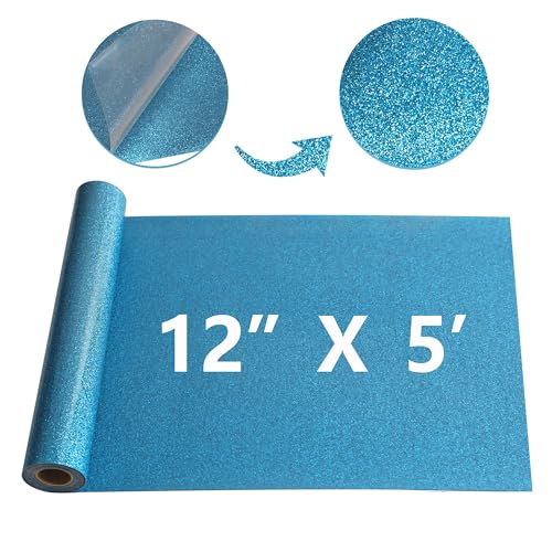 Image of RENLITONG Sky Blue Glitter HTV Heat Transfer Vinyl Rolls - 12 Inch x 5 feet Iron on Vinyl for T-Shirt and Silhouette, Easy to Cut & Weed for Heat Transfer Design (Glitter Sky Blue)