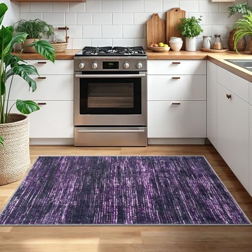 3x5 Purple White Modern Abstract Rug for Farmhouse, Super Soft Washable Rug with Non-Slip, Low-Pile Indoor Door Area Rug for Living Room Bedroom, Carpet with Non-Shedding