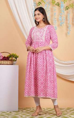 Image of purple sky Women's Cotton Blend Printed Anarkari Suit with Lucknowi Work on Neck
