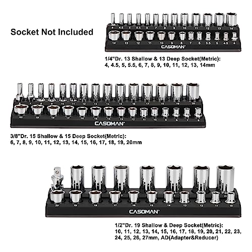 CASOMAN 3PCS Magnetic Socket Organizer, Socket Holder Kit, 1/2-inch, 3/8-inch, 1/4-inch Drive, Holds 75 Metric Sockets - Image 2