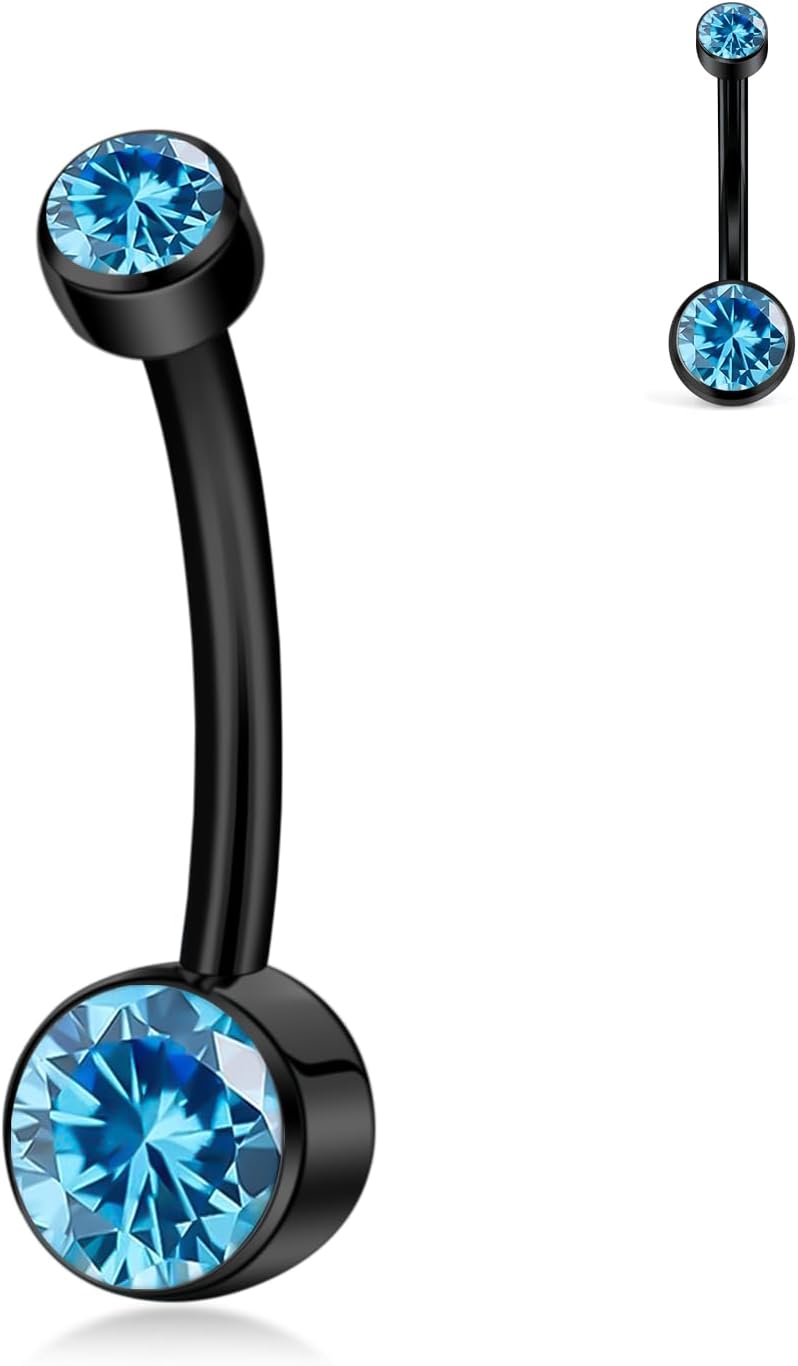 XUU G23 Titanium Belly Button Rings, Black & Silver – 14G Internally Threaded Navel Piercing Jewelry – 10mm & 12mm Barbells with 7 Colors CZ Crystal – Hypoallergenic Jewelry