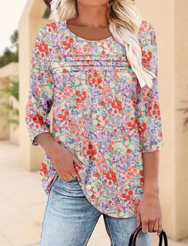 KISSMODA Women's Casual 3/4 Sleeve T-Shirts Round Neck Cute Tunic Tops Basic/Pleated Summer Tops Trendy Spring Blouses