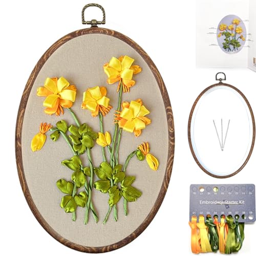 Image of FONNUY Ribbon Embroidery 3D Flowers Pattern Design Kit Embroidery DIY Handwork Set Oval Home Decoration (Yellow Begonia)