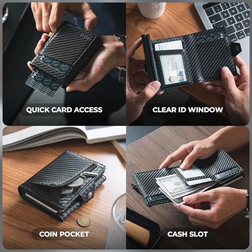 VULKIT Wallet for Men with Pop Up Card Holder 10-12 Cards, Trifold RFID Blocking Credit Card Wallet with ID Window, Cash Slot, Zip Coin Pocket, Minimalist Smart Compact Metal Aluminum Card Case2