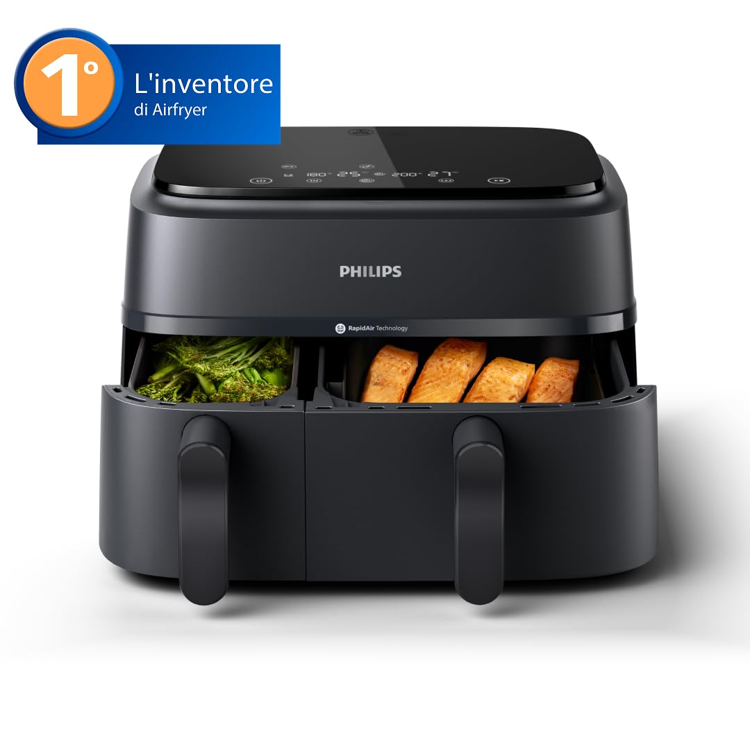 Philips Dual Basket Air Fryer - Cottura sana, veloce e versatile, Friggitrice ad aria con Doppio Cestello da 9L, Touchscreen, design a 2 cestelli con doppia resistenza e termostasti separati(NA350/00)