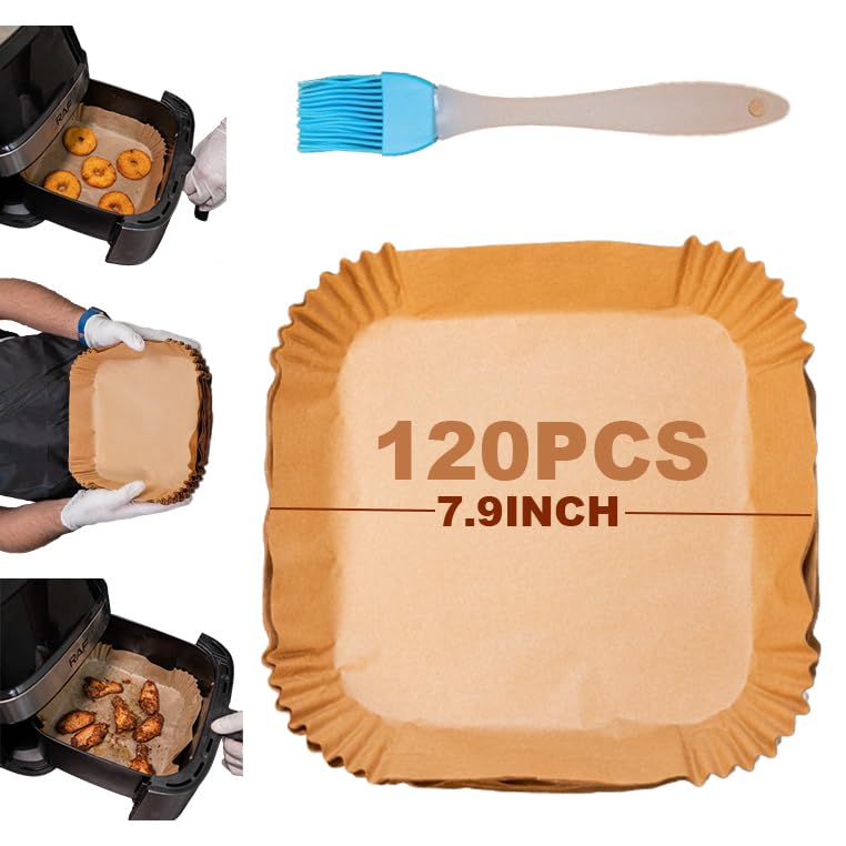 Jayalpha 120Pcs Air Fryer Disposable Paper Liner with Silicone Brush, Oil Proof Air Fryer Liners, Parchment Paper for Baking Roasting, 7.9 Inch Square