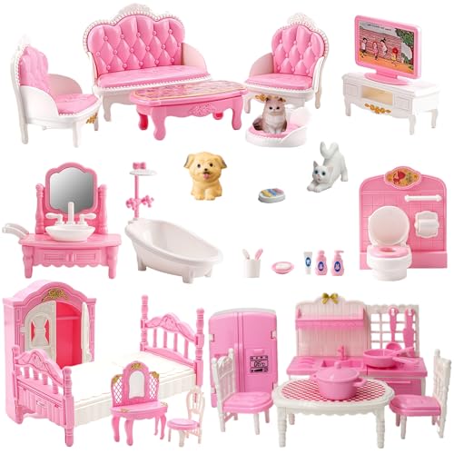 Xadothat Dollhouse Furniture Set Complete Room Collection with Kitchen Dining Living Room Bedroom and Bathroom Accessories Plastic (36-Piece Pink)