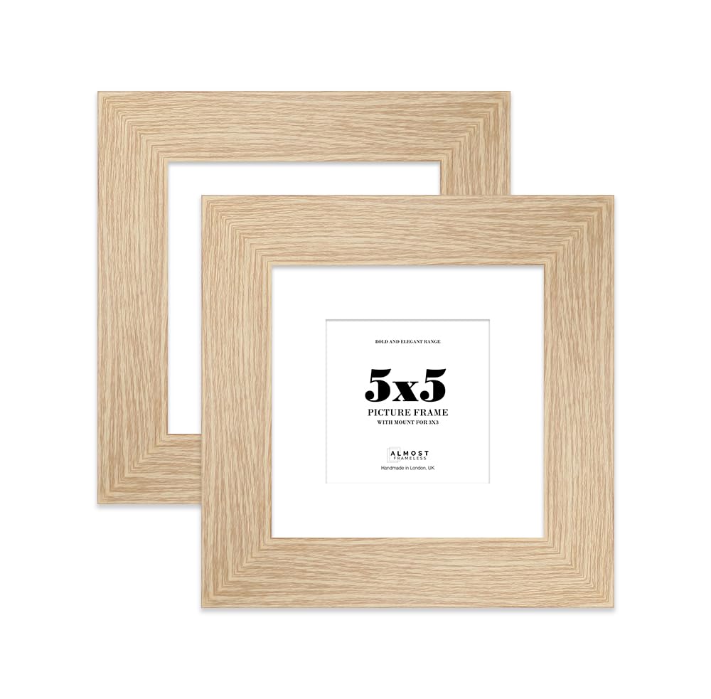 5x5" Oak Square Frame With Mount for 3x3" Pictures 28mm Edge Frame Display with Wall Hooks and Kickstand, 2 Pack