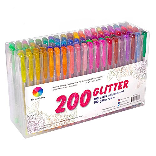 200 Pack Glitter Gel Pens Set, Smart Color Art 100 Colors Gel Pens with 100 Refills for Adult Coloring Books Drawing Painting Writing