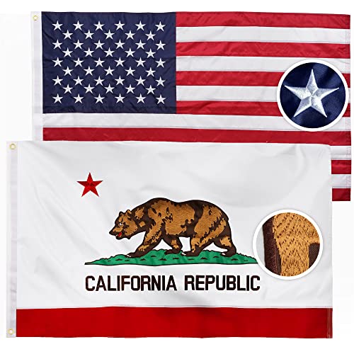 XIFAN Combo Pack: American Flag & California Flag 3x5 Outdoor, Heavy Duty 210D Nylon US & CA Flag, Strongest Longest Lasting with Embroidered Stars/Sewn Stripes/Brass Grommets