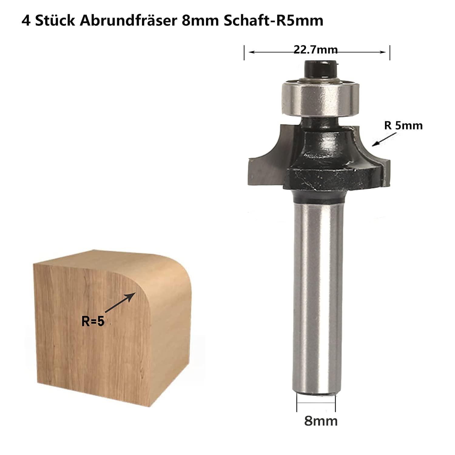 4 Stück Abrundfräsar, 8mm Schaft Rundfräser Standard Radiusfräsar Set, mit Kugelleger, Abrundfreser für Kantenfräse /Frästisch