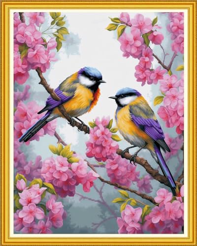 Image of DMCVIVR Stamped Cross Stitch Kits for Beginners Adults Needlepoint Kits for Beginners Embroidery Kits for Adults Crossstitch Kit for Beginners 11CT-Pink Flower Bird 16x20 inch