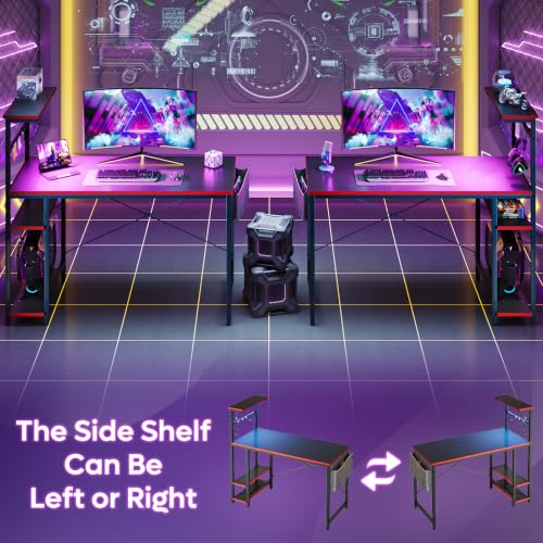 Image of Bestier Gaming Desk with LED Lights, 44 Inch PC Gamer Desk for Small Spaces, Computer Desk with Reversible Storage Shelves & Side Storage Bag (Black 3D Carbon Fiber)