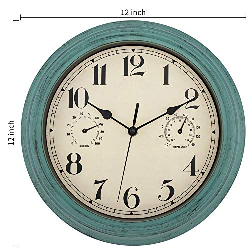 Foxtop Indoor Outdoor Waterproof Wall Clock With Thermometer And Hygrometer Combo, 12 Inch Retro Silent Non-Ticking Battery Operated Quality Quartz Round Clock For Patio Home Living Room Decor (Green) #TOP1