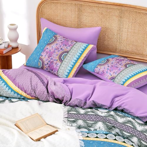 Image of Wake In Cloud - Boho Comforter Set, Bohemian Chic Colorful Medallion with Geometric Botanical Flowers and Horizontal Stripes, Soft Lightweight Bedding, 3 Pieces, Purple, King Size
