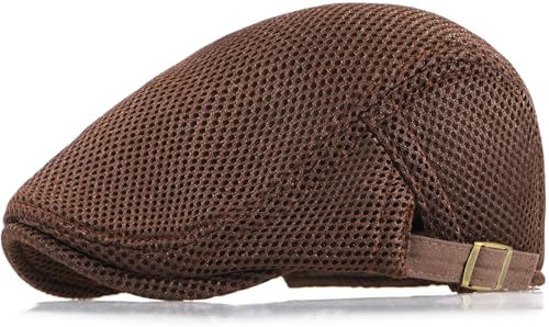Xinveen Mens Mesh Cap Breathable Summer Newsboy Hat Adjustable Beret Ivy Cap Irish Cabbie Driving Hunting Hats Coffee