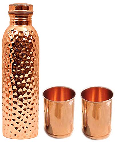 TreegoArt Botella de agua de cobre puro de 1 litro con 2 vasos de cobre (botella de 1000 ml, cristal...