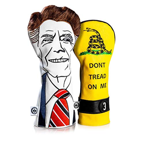 Pins & Aces Golf Co. American Classic Premium Headcover - Quality Leather, Hand-Made Head Cover - Style and Customize Your Golf Bag - Tour Inspired, Ronald Reagan Golf Design (DTOM Set)