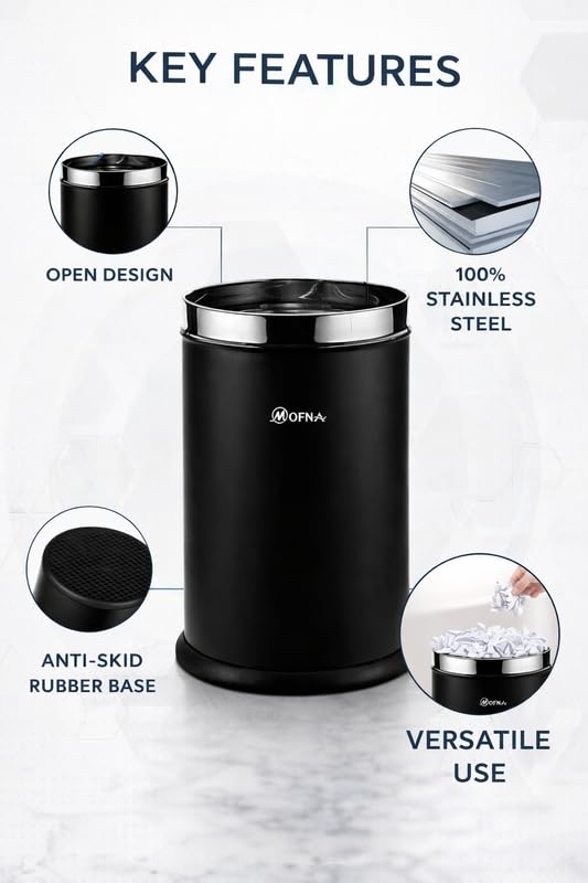 Image of mofna Stainless Steel Open Top Dustbin for Home - 18 L | Black Modern Trash Can with Anti-skid Base | Rustproof Garbage Bin | for Kitchen, Bathroom, Office & Commercial Use | 10 x 14 Inch