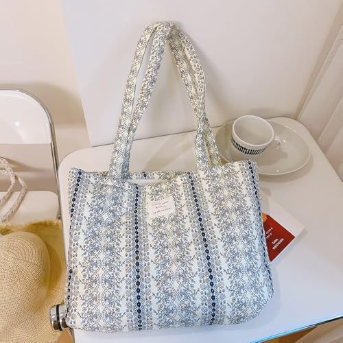Image of Floral Quilted Cotton Shoulder Bag for Women Daily Use Medium Size Handbag Large Capacity Thickened Design Tote