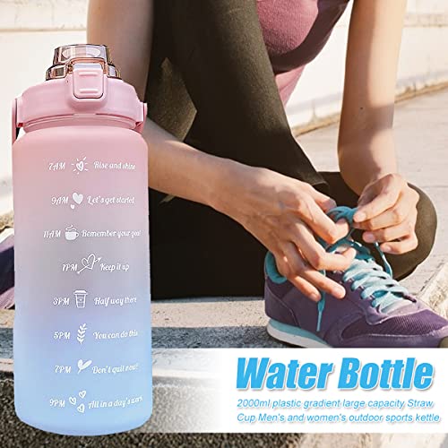Image of Hatieo 2 Litre Water Bottle with Straw, Leakproof Sports Bottle with Time Markings, Large Motivational for Fitness, Camping, Yoga, Travel, Gym, Outdoor - Pink Blue