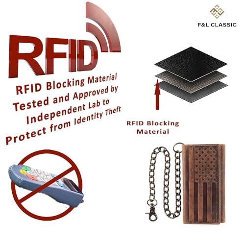 Image of F&L CLASSIC RFID Blocking Mens Tri-fold Long Style Cowhide Leather Steel Chain Wallet,brown flag,212-100