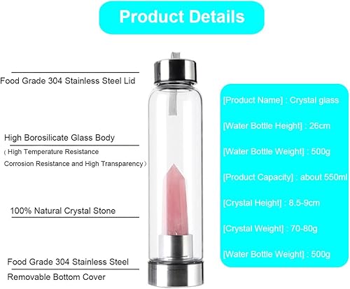 Miniatura 3 de Srutirbo Botella de agua de cristal, botella de agua de cristal con centro de cristal curativo natural cambiable, botella de agua con piedras