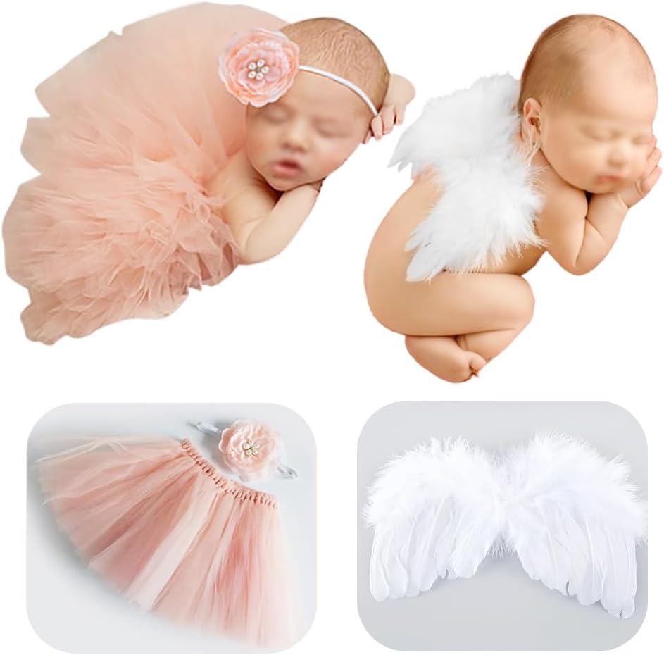 Peach Pink Tutu Outfit with Angle Wing for Baby Girl Photograph Outfits