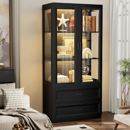 BROTTAR Vitrinenschrank mit LED Beleuchtung, Acryl Vitrine Schwarz mit Intelligente Bewegungssensor, Aufbewahrungsschrank, Bücherschrank, Antikenschrank für Wohnzimmer Schlafzimmer Sammlervitrine