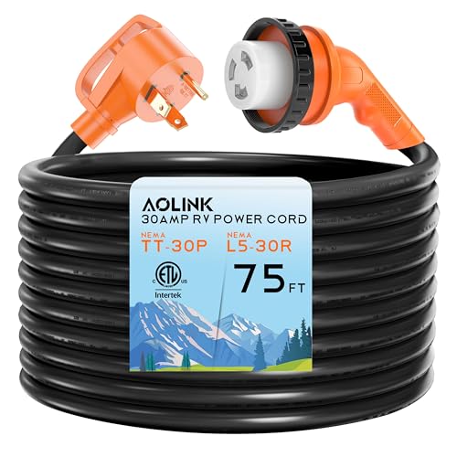 Image of 30 Amp 75 Feet RV Power Cord with 135 Designed Handle and Twist Locking Connector, Heavy Duty 10 Gauge STW Pure Copper Wire, NEMA TT-30P to L5-30R with Cord Organizer for RV Trailer Campers