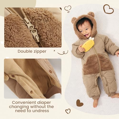 JiAmy Baby Snowsuit Winter Romper Hooded Boys Girls Jumpsuit Bear Thick Windproof Cap Infant Winter Clothes 9-12 Months Brown - image 3