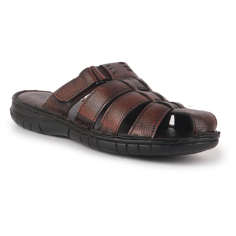 Image of FAUSTO Men Genuine Leather Multi Strap Closed Toe Broad Feet Slip On Slippers with Adjustable Strap | Roman Sandals