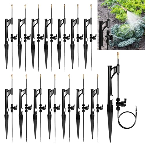 15 Sets 360 Adjustable Irrigation Misting Heads with Stake Micro Spray Emitters with 1/4 Irrigation Tubing on Riser Stake Automatic Atomizing Sprinkler Stake Assembly for Garden Watering System