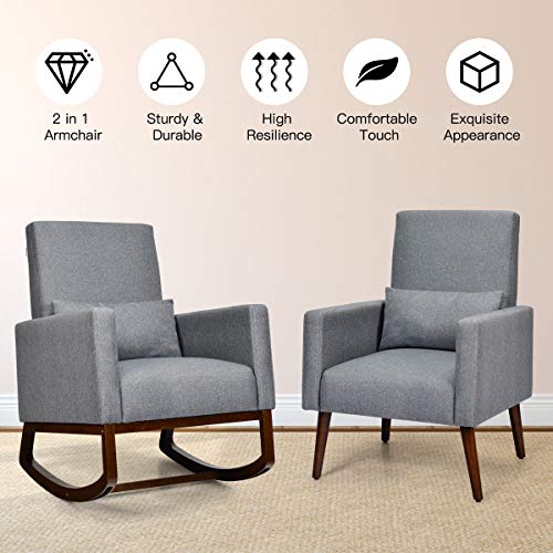 Giantex Rocking Chair Fabric High Back Armchair With Waist Pillow,Wooden Tapered & Rocking Dual Legs Multifunctional Upholstered Accent Chair For Nursery, Living Room, Bedroom Rocker(1, Gray) #TOP6