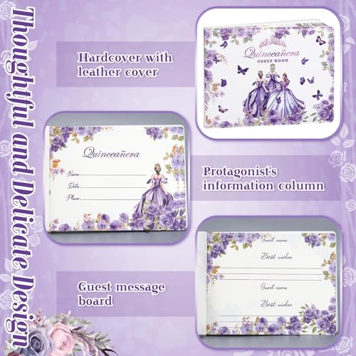 Image of MotiMind Quinceanera Guest Book with Pen 11 x 8 Inch Libro De Firmas Para 15 Anos Quinceanera Leather Hardcover Signature Book Guest Sign in for 15th Party Favors Decoration(Purple,Princess)