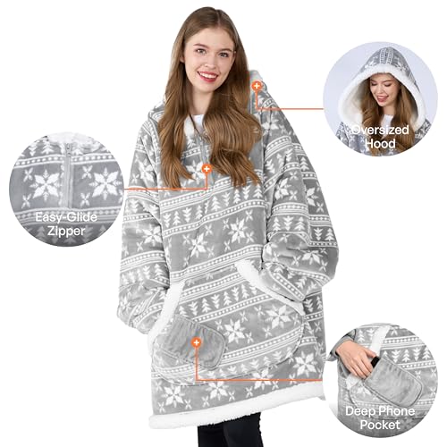 Image of Giggling Getup Wearable Blanket Hoodie for Women Men - Oversized Flannel Sherpa Fleece Sweatshirt Blanket - with Giant Pocket & Sleeves - Cozy Warm Blanket Birthday Gifts for Adults Grey Snowflake
