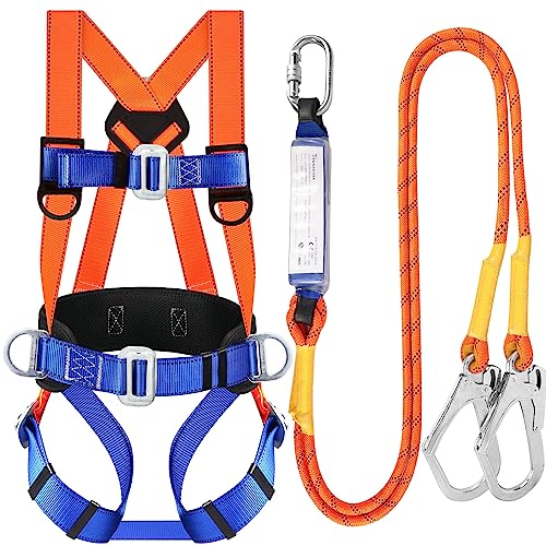 Safety Harness Fall Protection Kit: Full Body Roofing harnesses with Shock Absorbing Lanyard – Updated Comfortable Waist Pad
