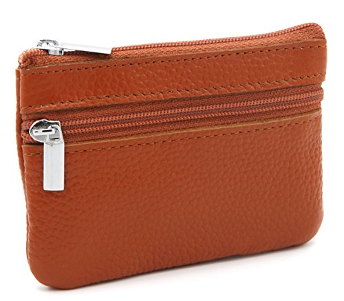 DKER Genuine Leather Card Case Wallet/Coin Change Purse with Key Ring - Brown