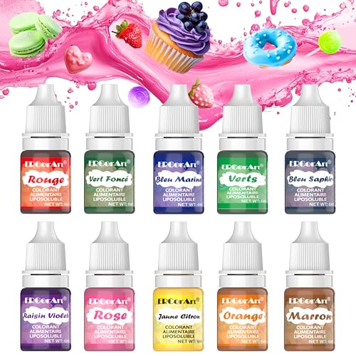 Colorant Alimentaire - ERCorArt 10 Couleurs Hautement ConcentréEs et Colorant Alimentaire à Base D'Huile Pour le Chocolat, le Foudant, le Fun Cake, le GlaçAge etc., 6 ml/PièCe