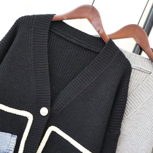 Image of FindThy Women's Casual Button Up Cardigan Oversized Long Sleeve Jean Patchwork Sweater Cardigans