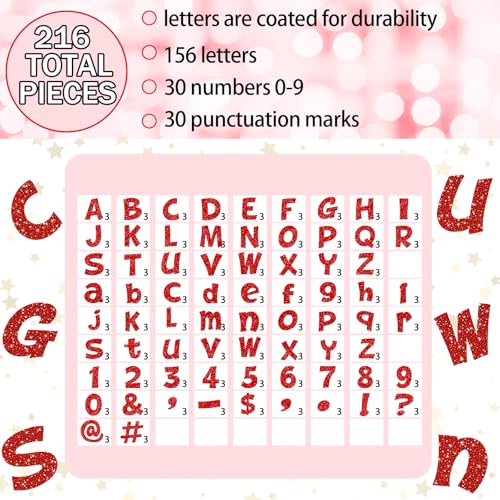 Image of Colarr 216 Pcs 4 Inch Glitter Bulletin Board Letters for Classroom Alphabet Punctuation Symbol Cutout Die-Cut Red Poster Letter with Adhesive Dot School Party Holiday Decor Display